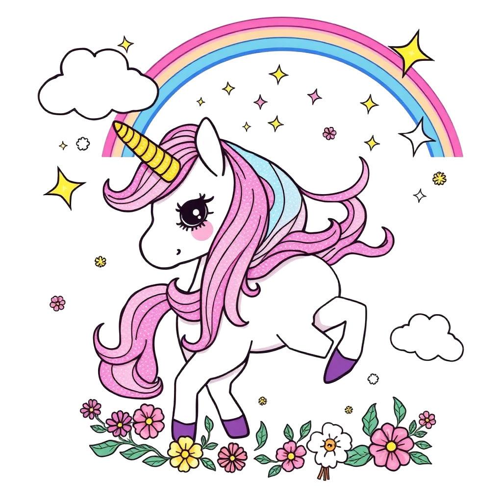 Magical unicorn coloring book cover with rainbow and stars